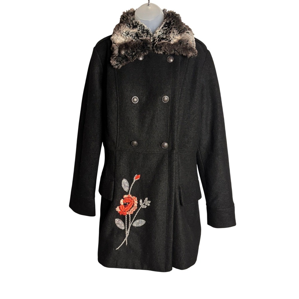 Nick & Mo | Black Wool Blend Floral Embroidered Coat Faux Fur Collar | Large